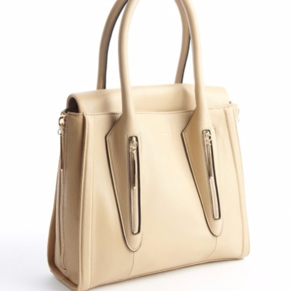 Pour La Victoire Leather Satchel Bag Top  Handles Beige Navy Interior
MSRP$445
